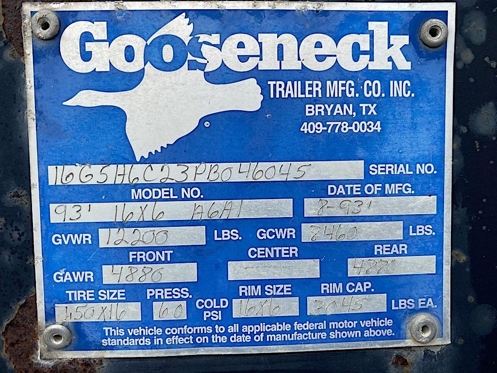 1993 6' X 16' GOOSENECK CATTLE TRAILER I-BOLT HITCH (VIN # 16GSH6C23PB046045) (I-BOLT HITCH ADAPTER