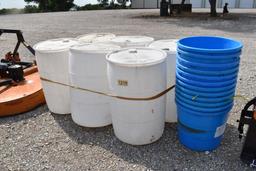 6 - PLASTIC BARRELS AND 12 - PLASTIC TUBS