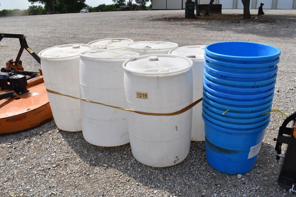6 - PLASTIC BARRELS AND 12 - PLASTIC TUBS