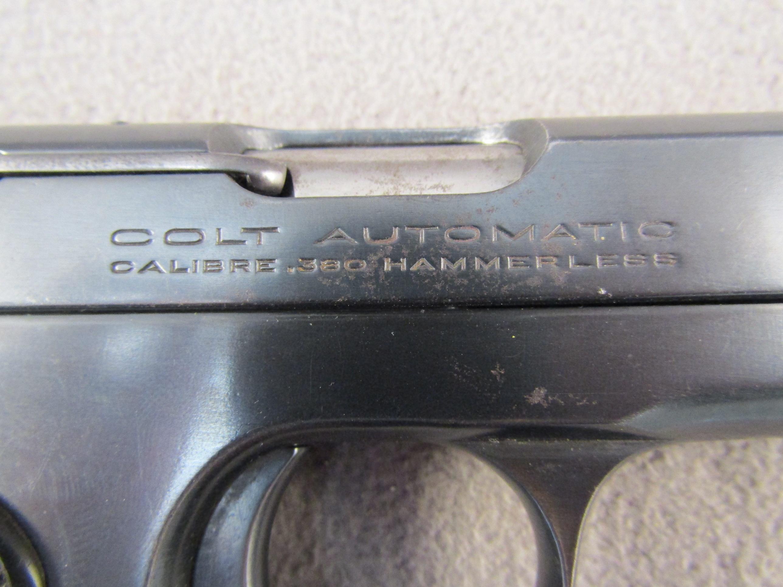 handgun: COLT Model Colt Automatic, Semi-Auto Pistol, .380, 6 shot, 3.75" barrel, S#51565