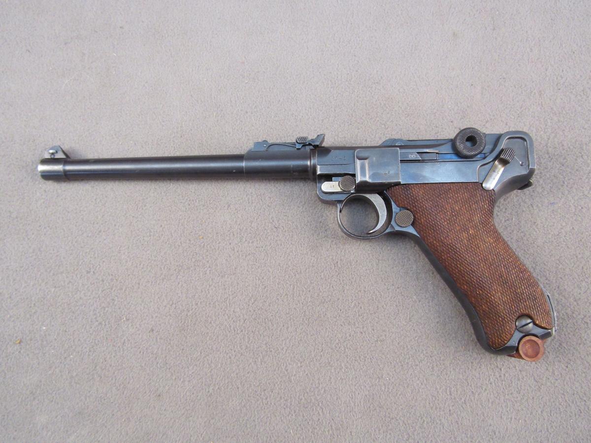 handgun: DWM Model Luger Artillery, Semi-Auto Pistol, 9mm, 8 shot, 8" barrel, S#3746