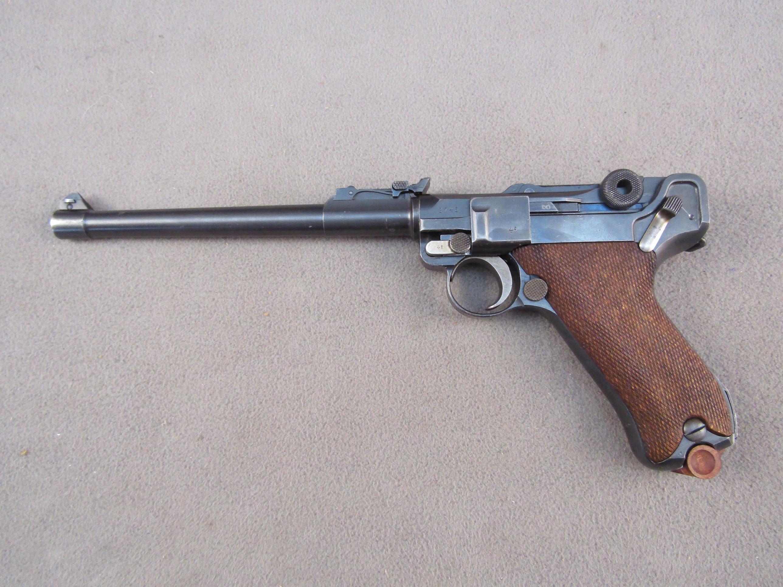 handgun: DWM Model Luger Artillery, Semi-Auto Pistol, 9mm, 8 shot, 8" barrel, S#3746
