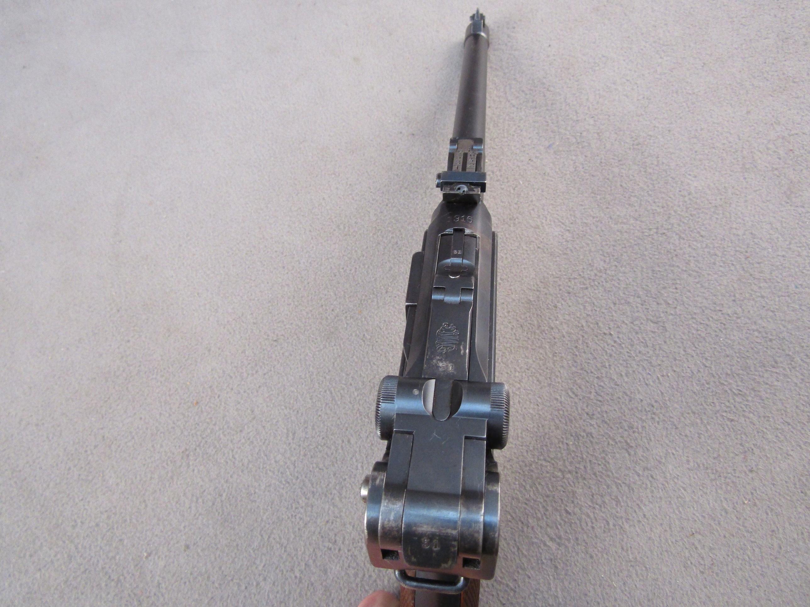 handgun: DWM Model Luger Artillery, Semi-Auto Pistol, 9mm, 8 shot, 8" barrel, S#3746