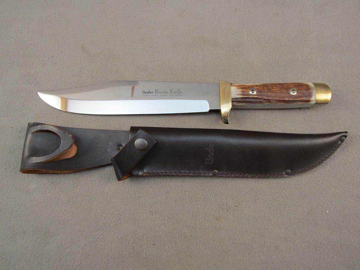 knife: LINDER Bowie Knife, Solingen Germany, stag handle with leather sheath, 9" blade