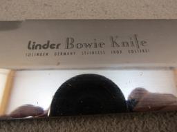 knife: LINDER Bowie Knife, Solingen Germany, stag handle with leather sheath, 9" blade
