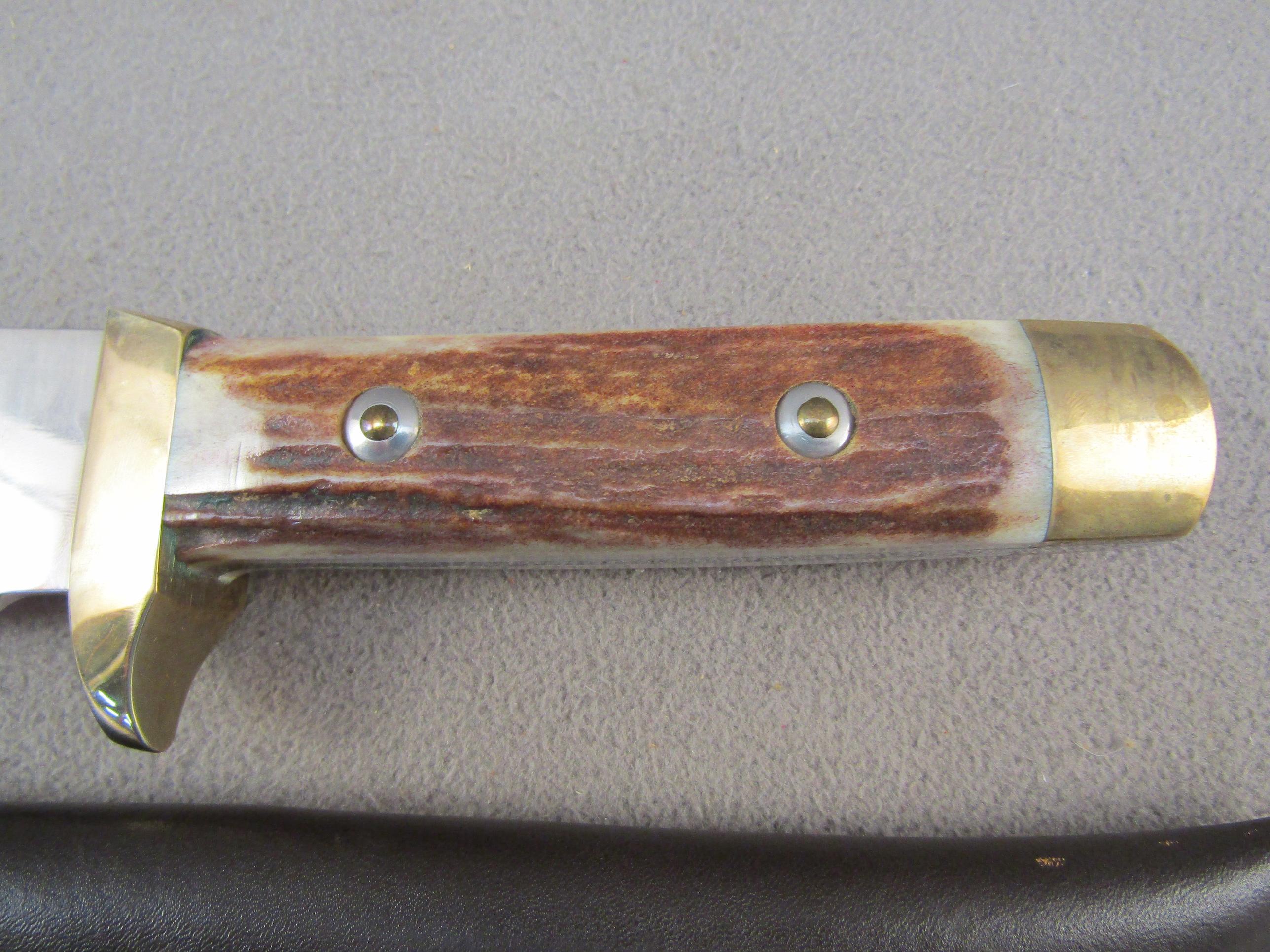 knife: LINDER Bowie Knife, Solingen Germany, stag handle with leather sheath, 9" blade