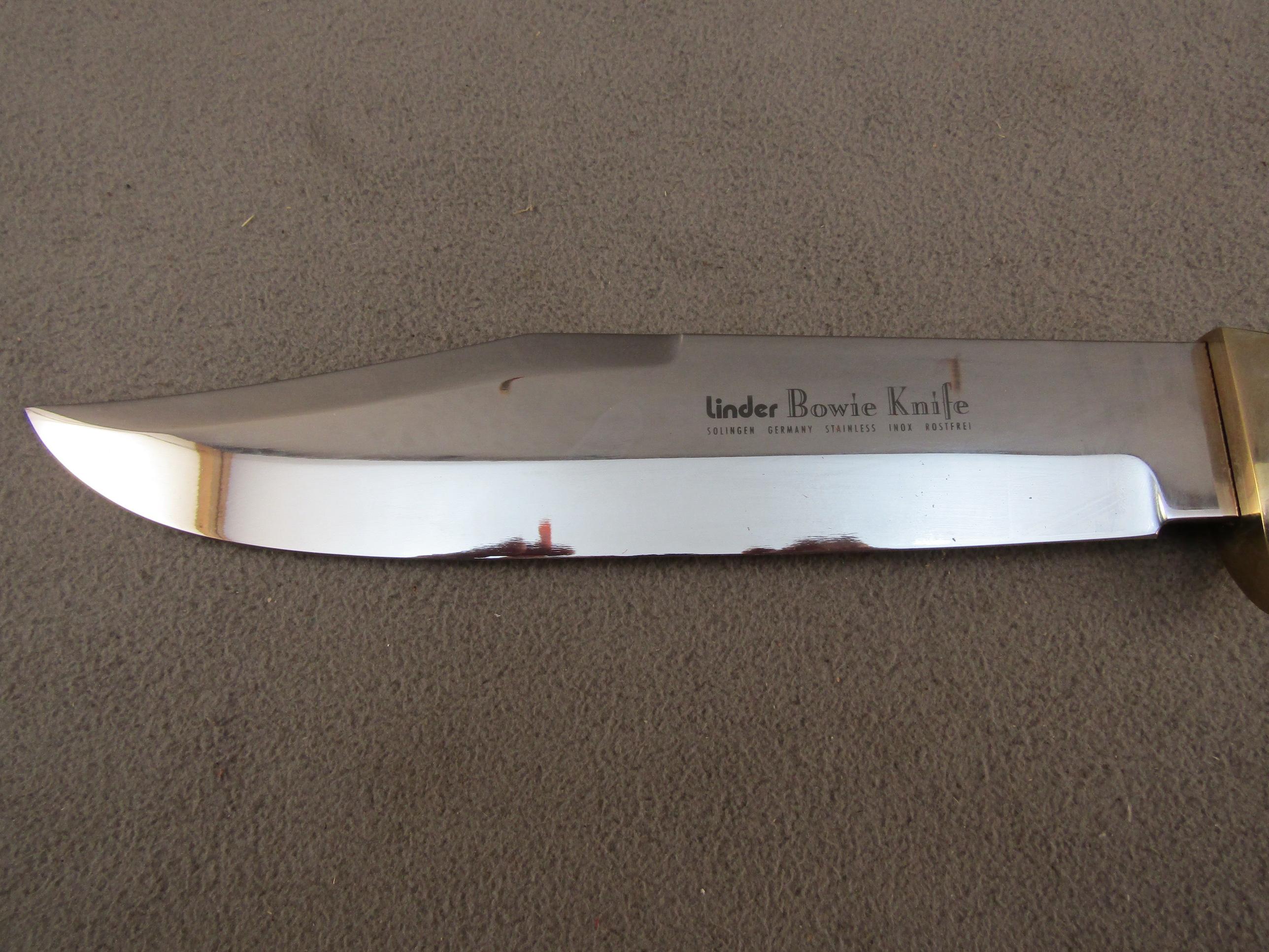 knife: LINDER Bowie Knife, Solingen Germany, stag handle with leather sheath, 9" blade