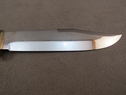 knife: LINDER Bowie Knife, Solingen Germany, stag handle with leather sheath, 9" blade