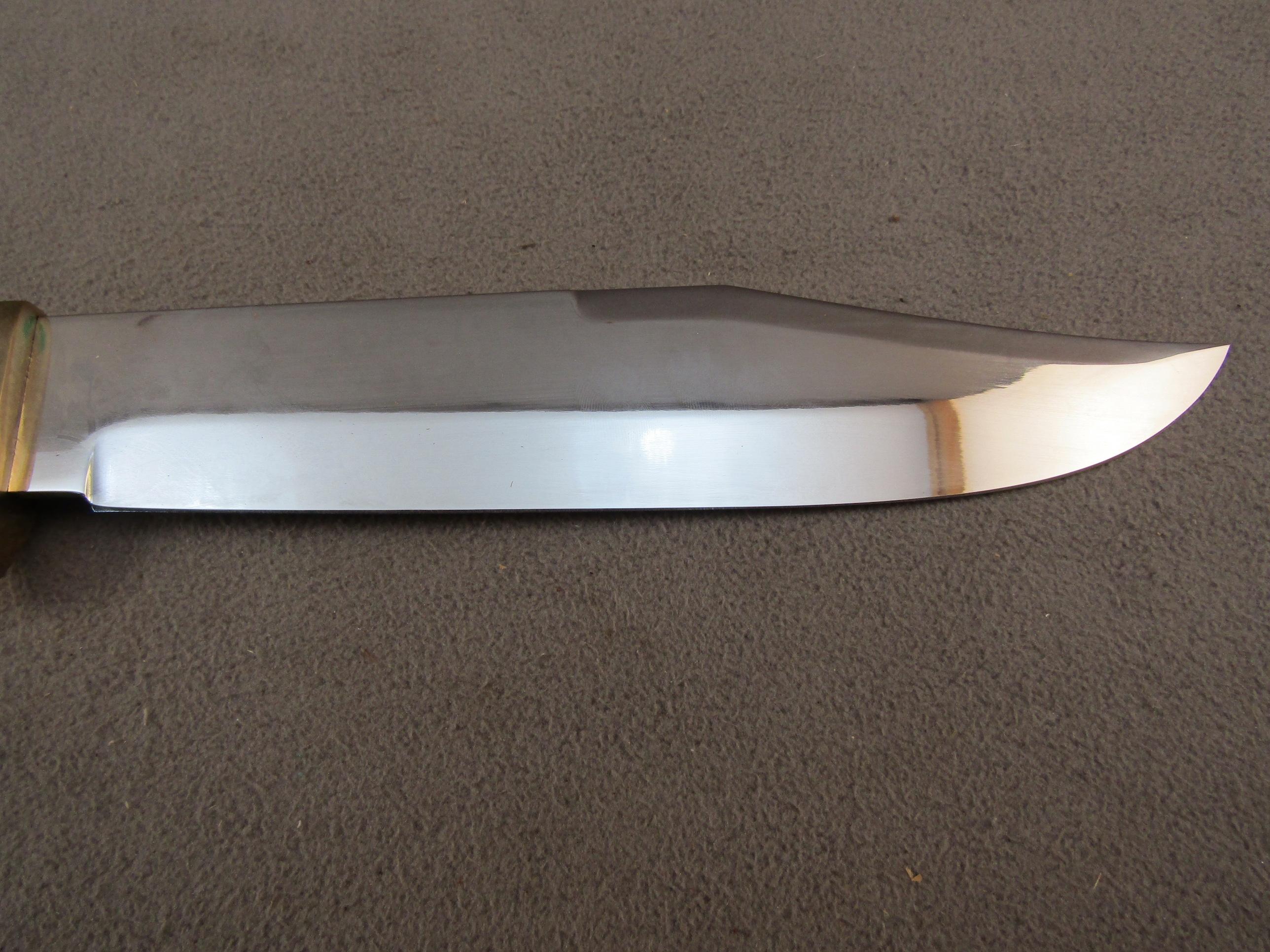 knife: LINDER Bowie Knife, Solingen Germany, stag handle with leather sheath, 9" blade