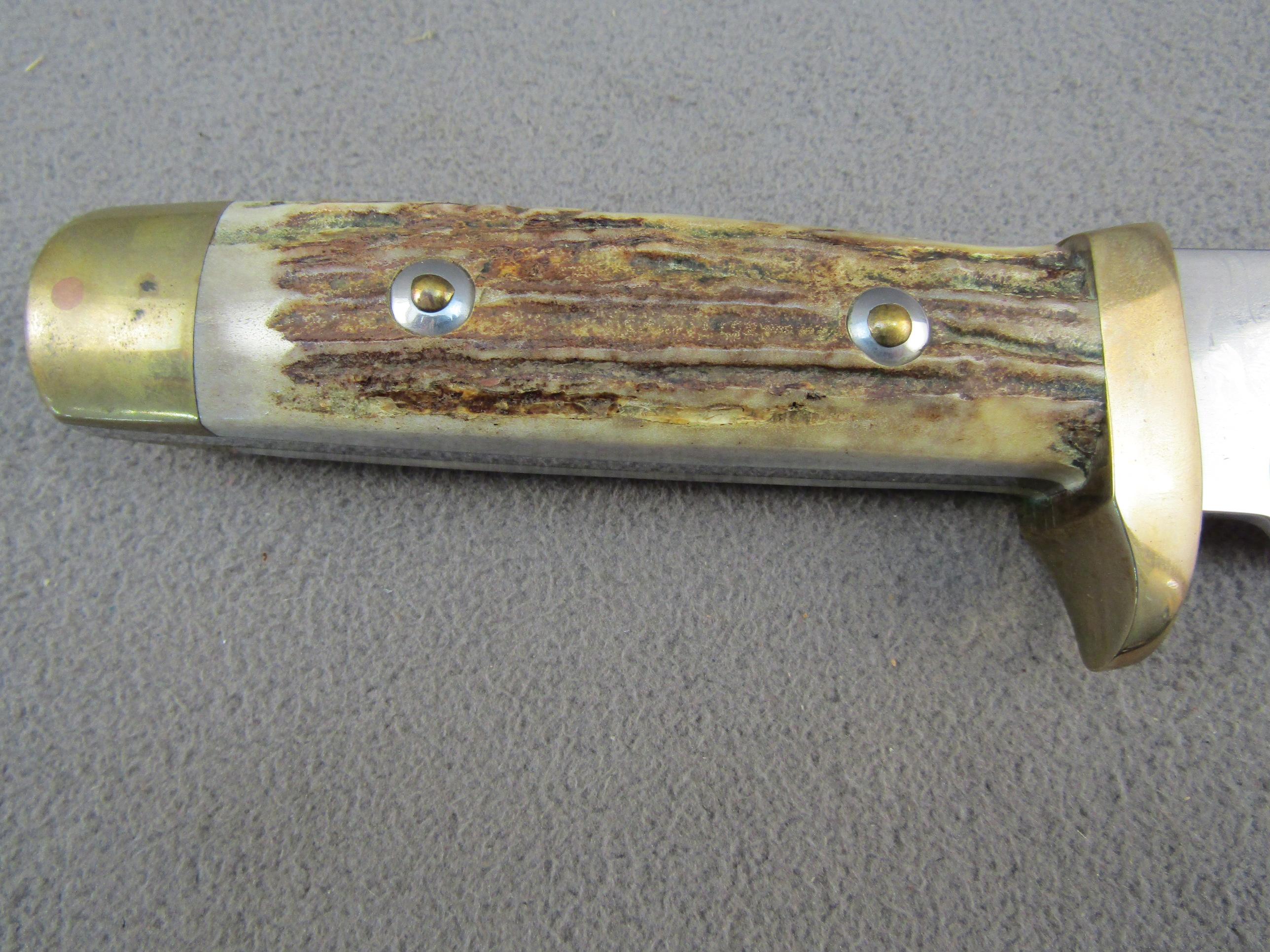 knife: LINDER Bowie Knife, Solingen Germany, stag handle with leather sheath, 9" blade