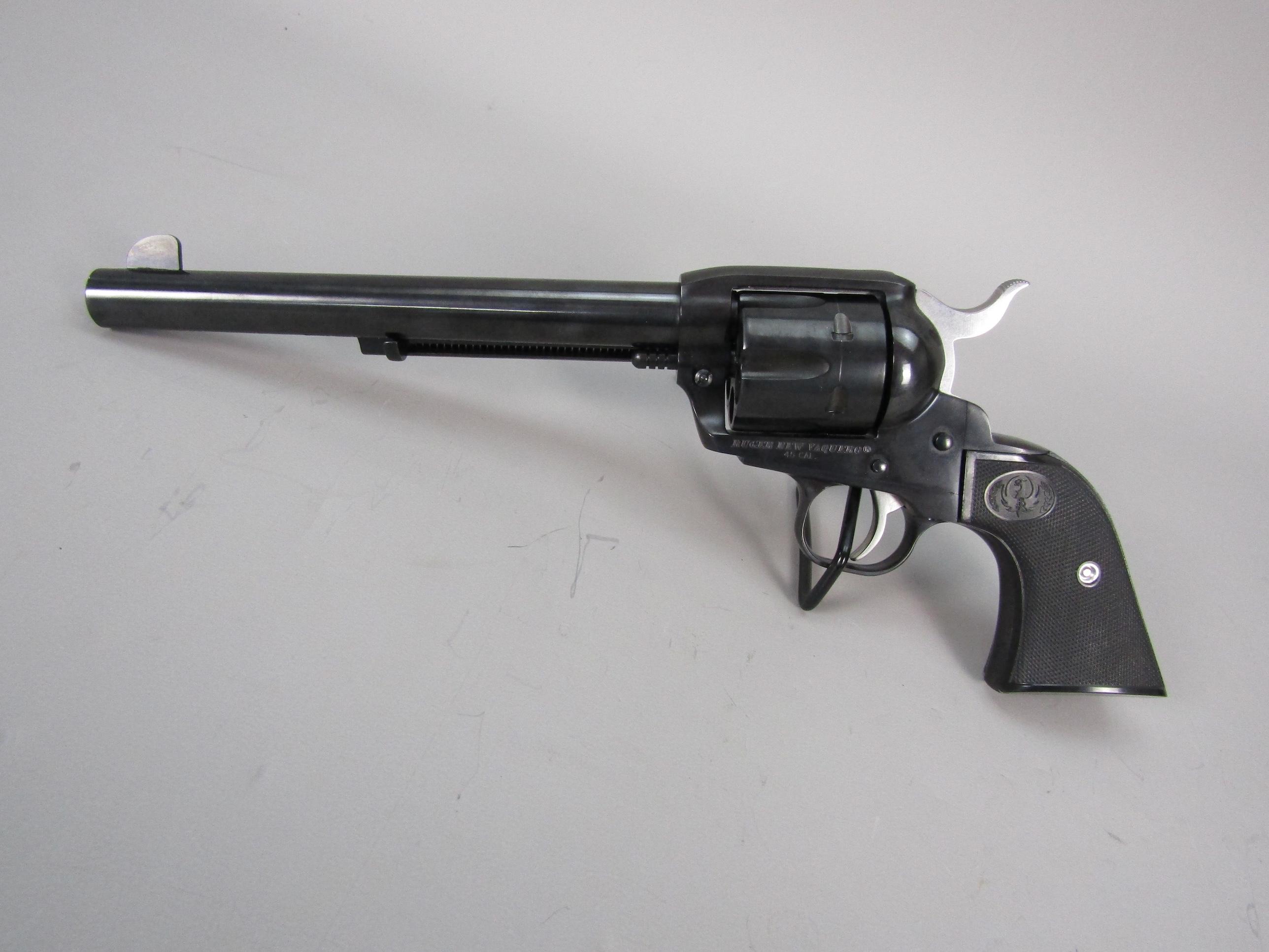 handgun: RUGER Model New Vaquero, Revolver, .45, 6 shot, 7 1/2" barrel, 13" overall, S#512-46387