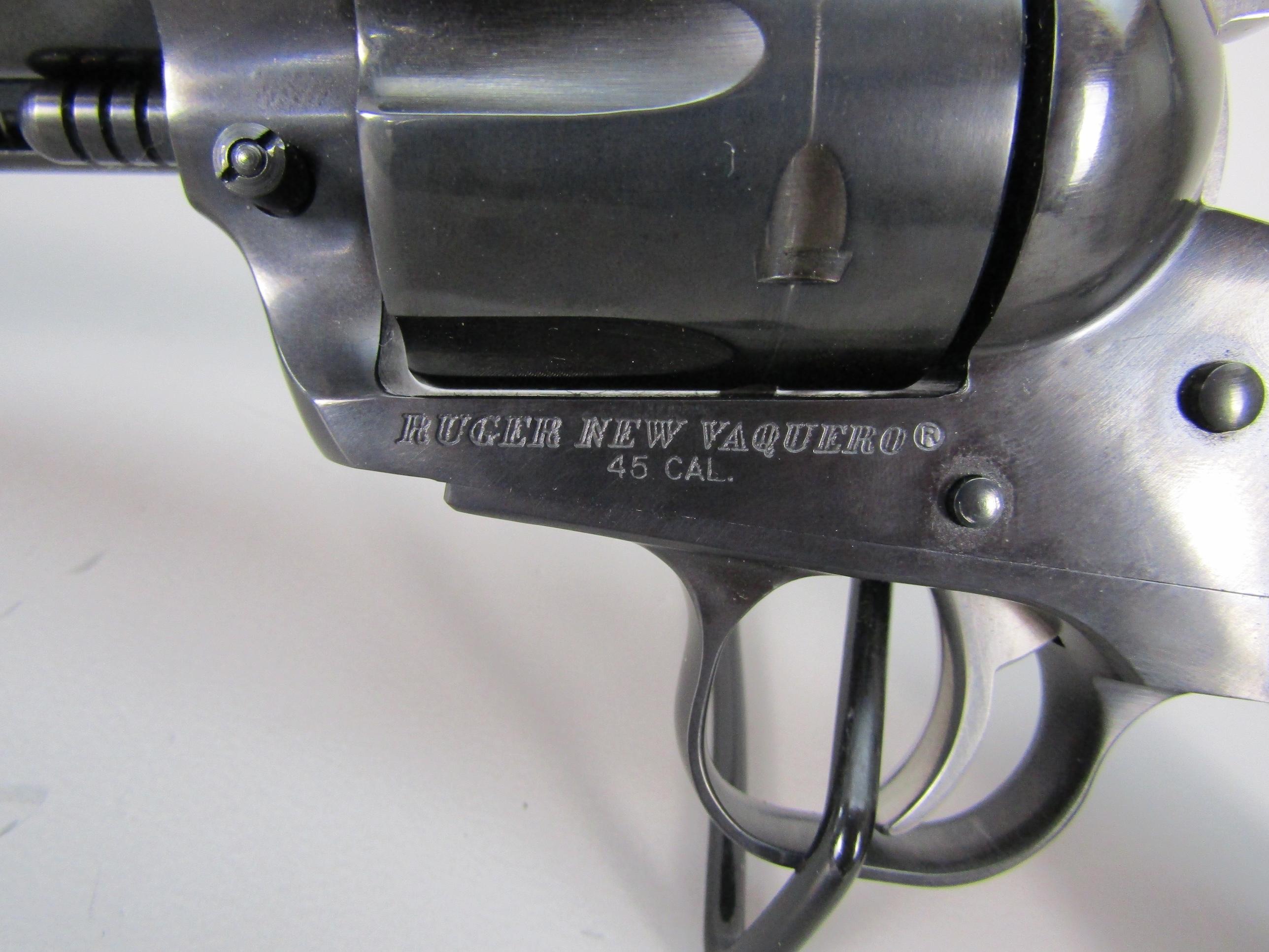 handgun: RUGER Model New Vaquero, Revolver, .45, 6 shot, 7 1/2" barrel, 13" overall, S#512-46387
