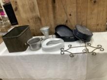 Assorted Lot- Metal bin, Roasters, Bed Pan, Strainer, Shelf