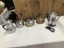 Vintage Percolator, 3 Tea Kettles, Coffe Pot