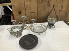 Pewter Candle Holder, Vintage Glass Basket
