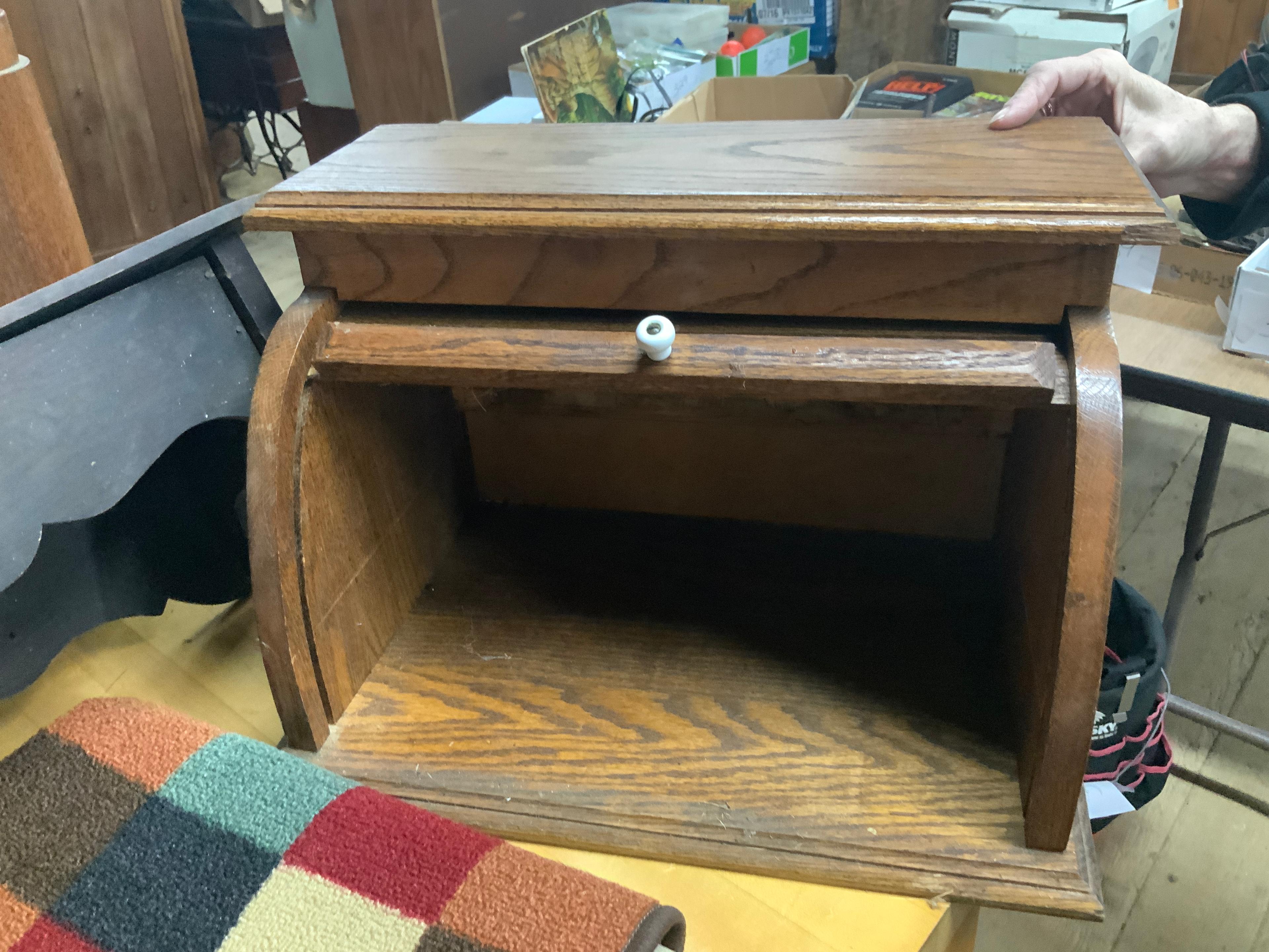 Vintage Roll Top Bread Box, Shelf & Rug