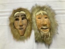 2 Inuit Masks Made of Caribou Hide & Fur