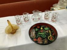 Amber Glass Basket, 4 Glass Mugs & Pitcher