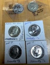 5 Kennedy Half Dollars, 1 Franklin Half Dollar