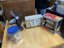 Vintage Fan, Clock Radio, LED Candle, Clothes Pins