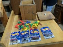 Wooden Box w/Toys- Hot Wheels & Cowboys