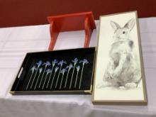 Framed Rabbit Watercolor, Shelf & Tray