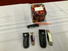 Tin w/3 Knives- 2 w/Leather Cases