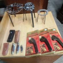 3 Campfire Trivets, Pocket Knives, Hang Fast