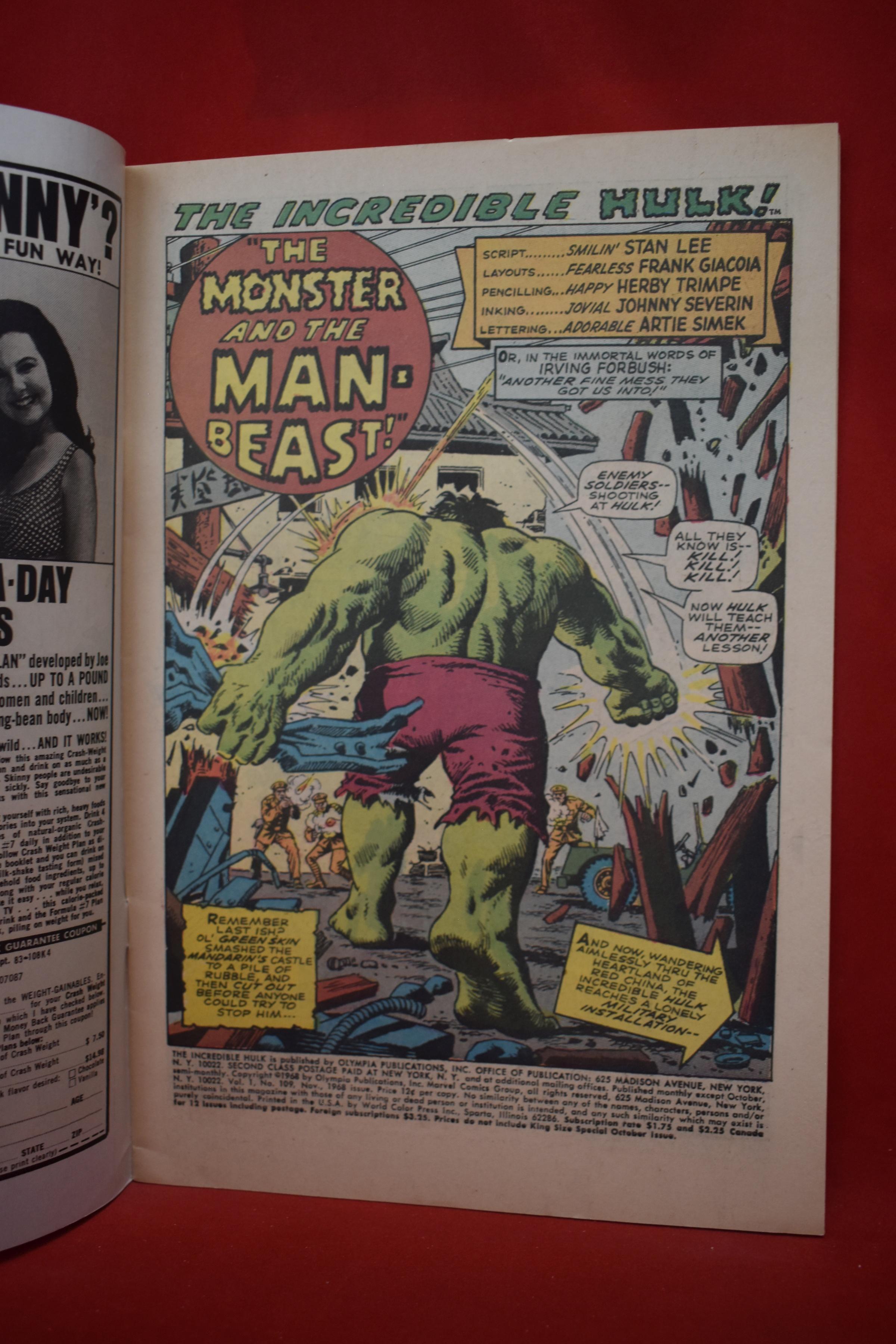 HULK #109 | THE MONSTER AND THE MAN-BEAST! | HERB TRIMPE & STAN LEE - 1969 -- NICE BOOK!!