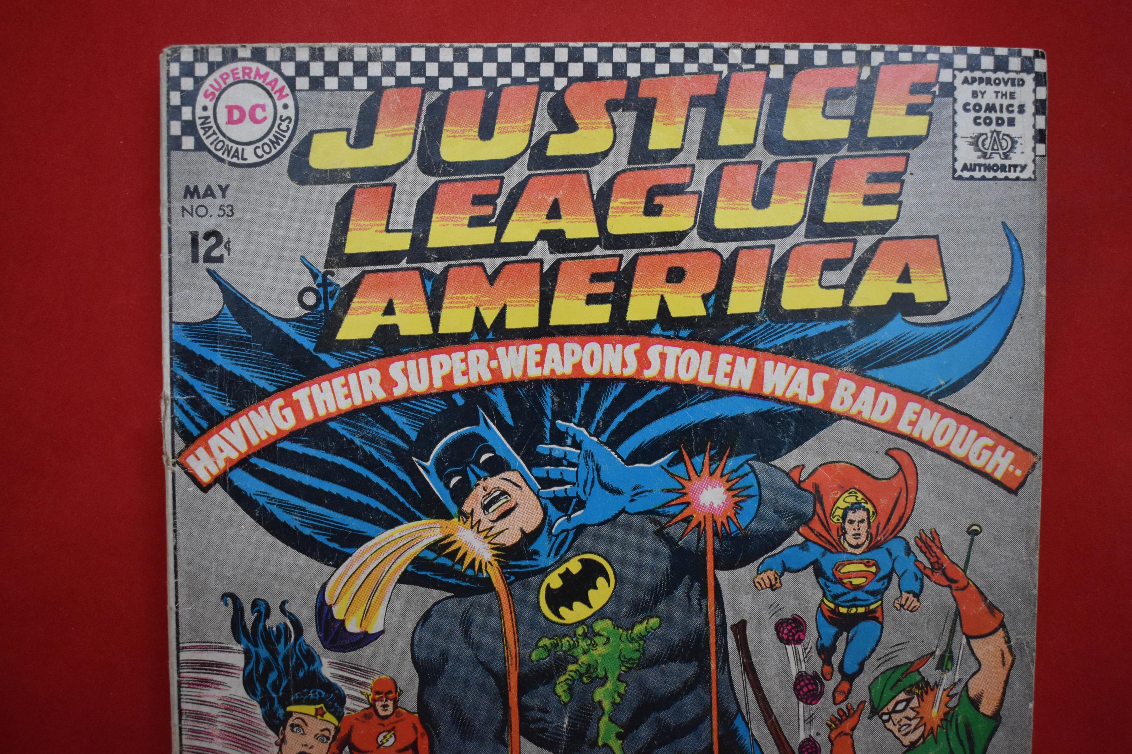 JUSTICE LEAGUE #53 | STOLEN SUPER WEAPONS! | SEKOWSKY - 1967 | *SEE PICS - TAPE - SOLID*