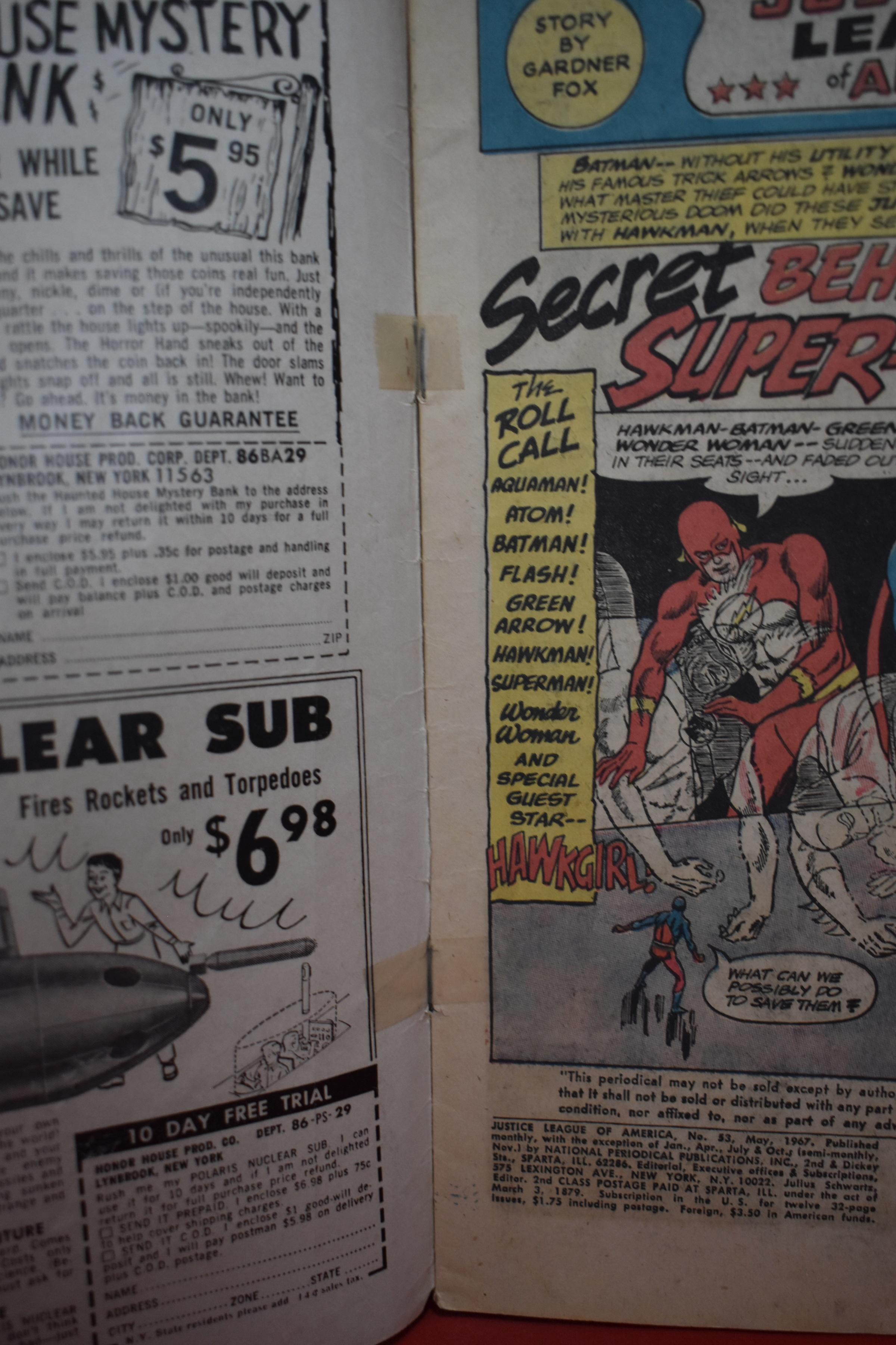 JUSTICE LEAGUE #53 | STOLEN SUPER WEAPONS! | SEKOWSKY - 1967 | *SEE PICS - TAPE - SOLID*