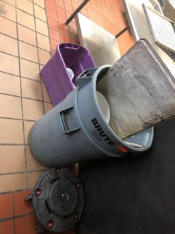 Two commercial trash cans with rolling caddy