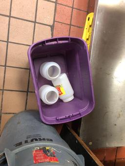 Two commercial trash cans with rolling caddy