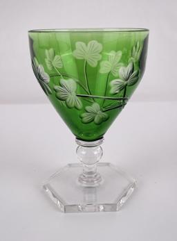 Antique Bohemian Cut to Clear Green Compote
