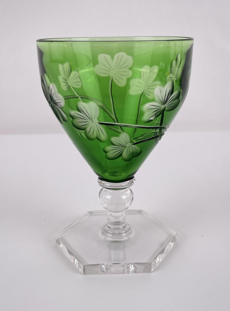 Antique Bohemian Cut to Clear Green Compote