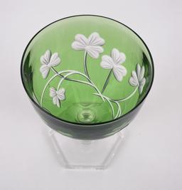 Antique Bohemian Cut to Clear Green Compote