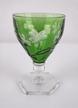 Antique Bohemian Cut to Clear Green Compote