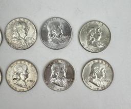 Ten Silver Franklin Half Dollars