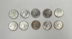 Ten Silver Franklin Half Dollars