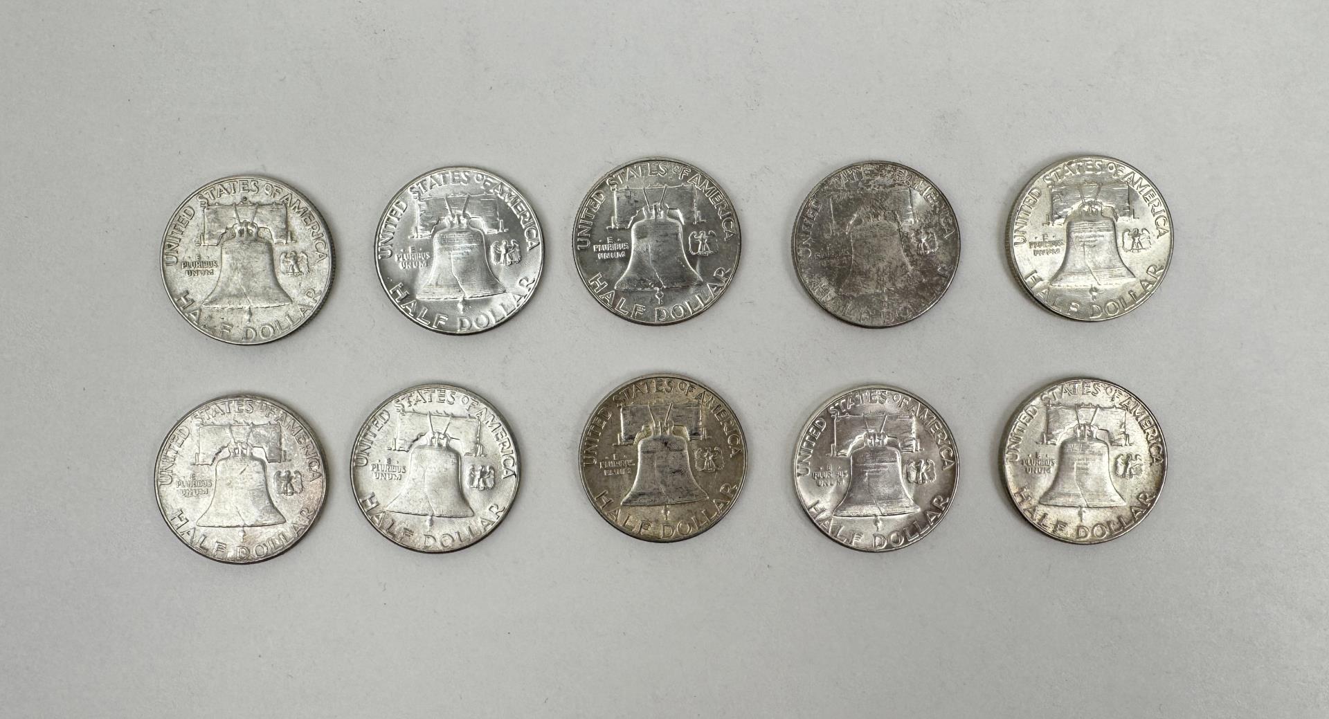 Ten Silver Franklin Half Dollars