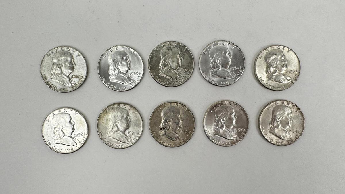 Ten Silver Franklin Half Dollars