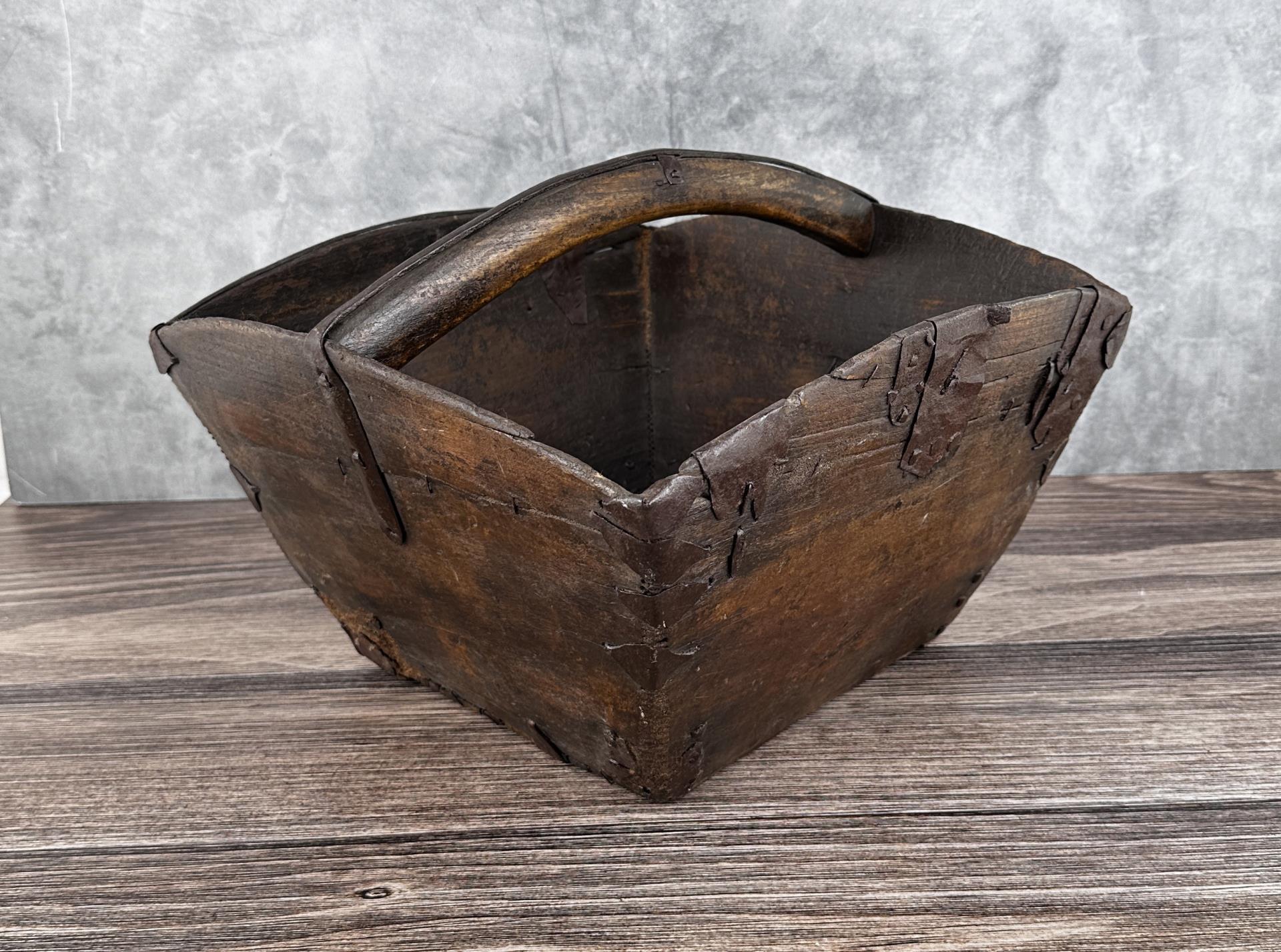 Antique Chinese Wood Rice Bucket Basket