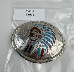 Turquoise and Coral Inlaid Indian Belt Buckle