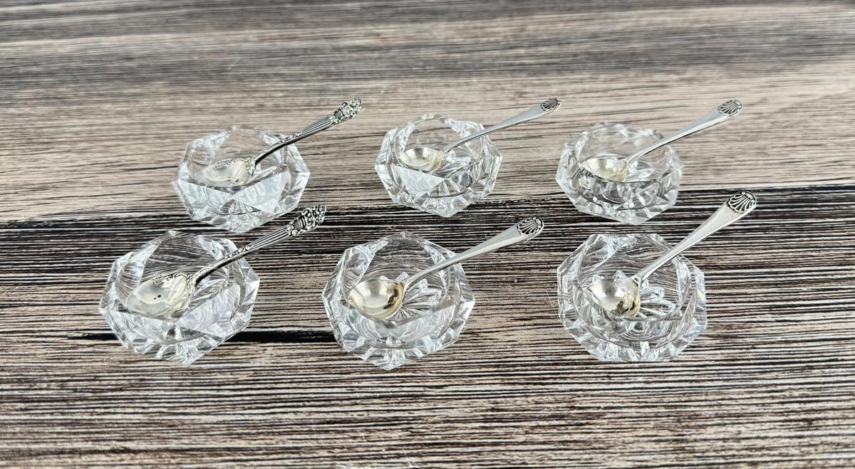 Cut Glass Sterling Silver Spoon Salt Cellars