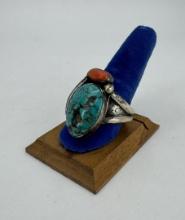 Navajo Sterling Silver Turquoise Coral Ring