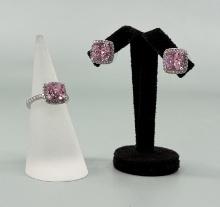 Sterling Silver and Pink CZ Ring and Earrings Set