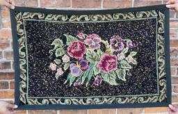 Antique Primitive Flowers Hooked Rug