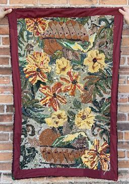 Antique Primitive Flowers Hooked Rug