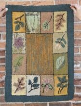 Antique Primitive Leaves Blocks Hooked Rug