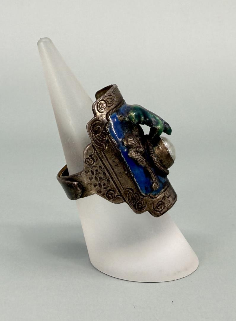 Chinese Silver Enamel Compass Ring